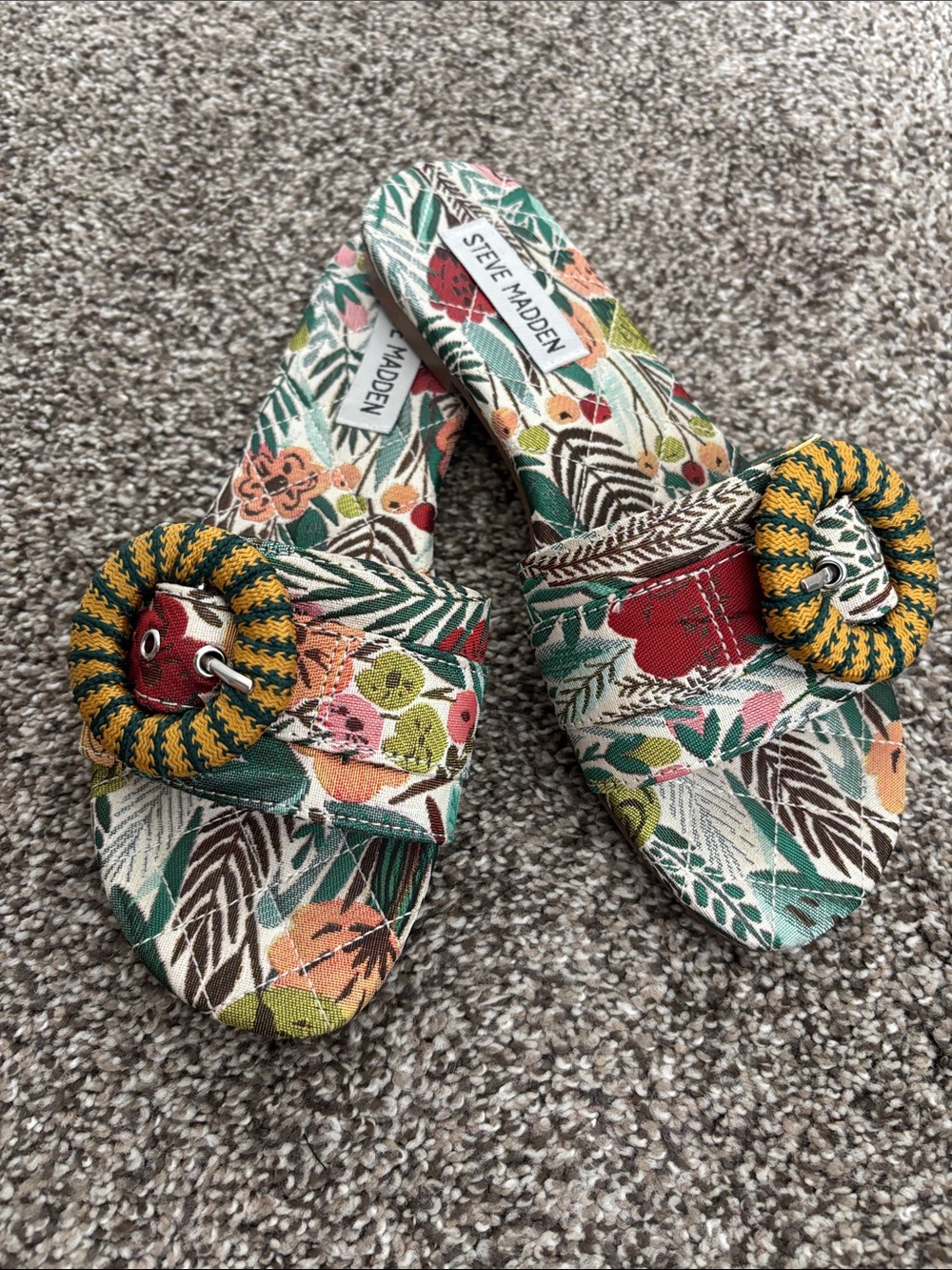 Steve Madden Tropical Floral Slide Sandals with Woven Buckle